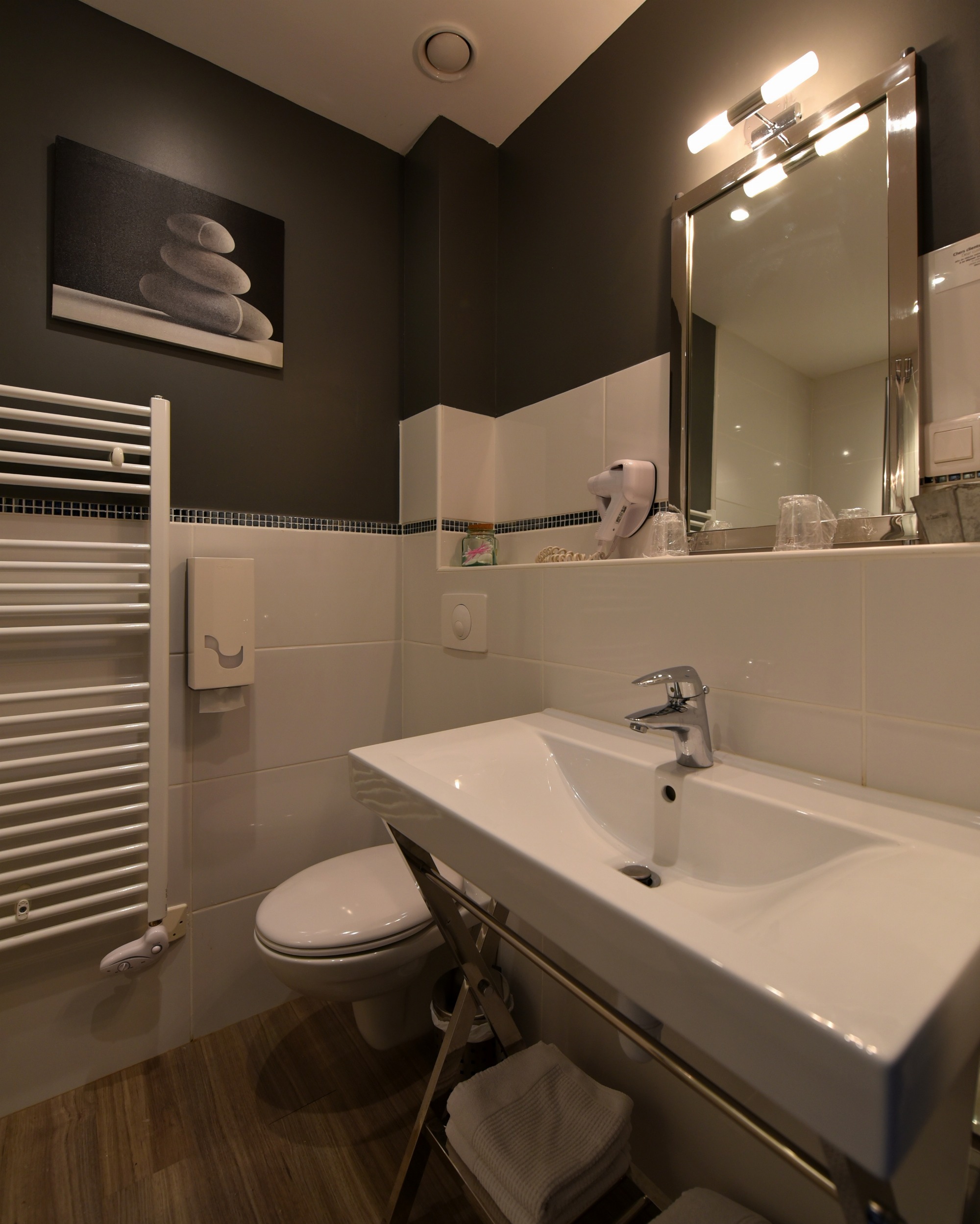 Salle d’eau équipée d’une vasque blanche, d’un sèche serviettes, d’un miroir surmonté d’un néon, de serviettes pliées sous le lavabo, d’un cadre décoratif mural et de toilettes