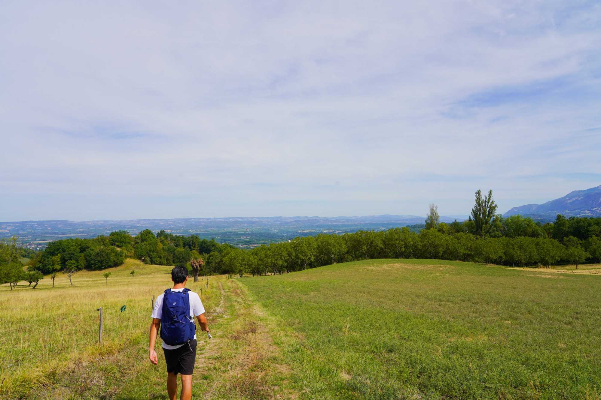 Chemin herbeux au milieu d’une vaste prairie offrant une vue dégagée sur la vallée et les montagnes