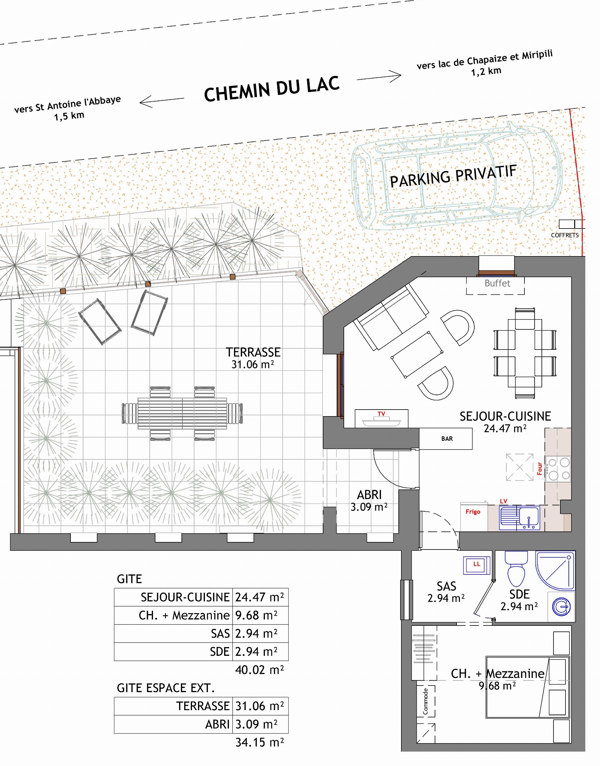 Plan et surfaces du gîte