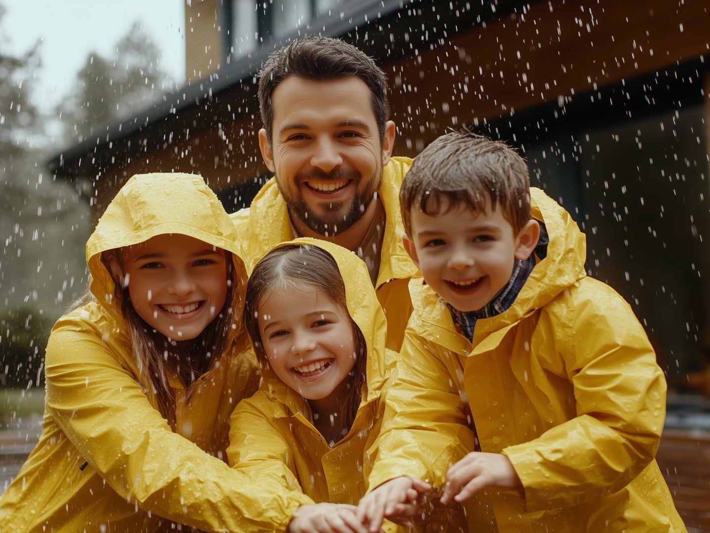 famille heureuse sous la pluie