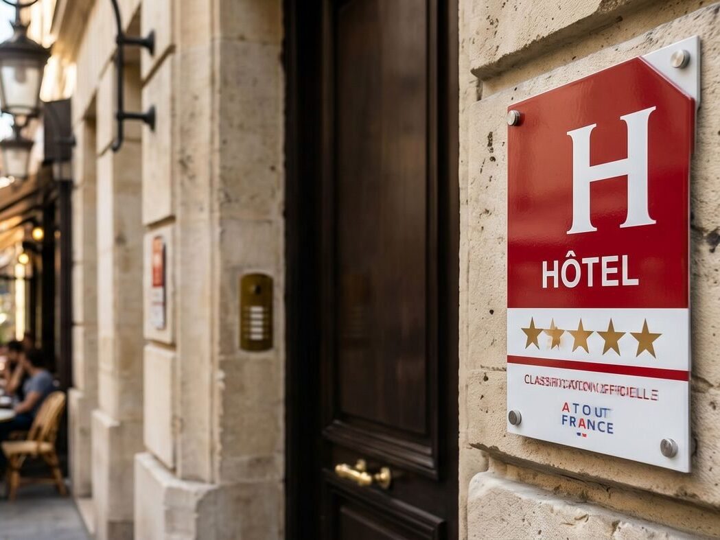 Plaque officielle d’hôtel avec classement en étoiles Atout France sur une façade en France