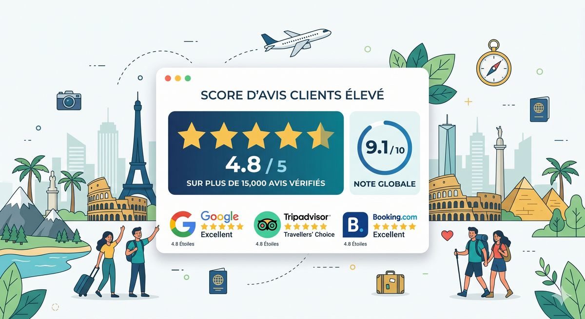 Score d’avis clients élevé avec note 4,8 sur 5 et 9,1 sur 10 sur plusieurs plateformes touristiques