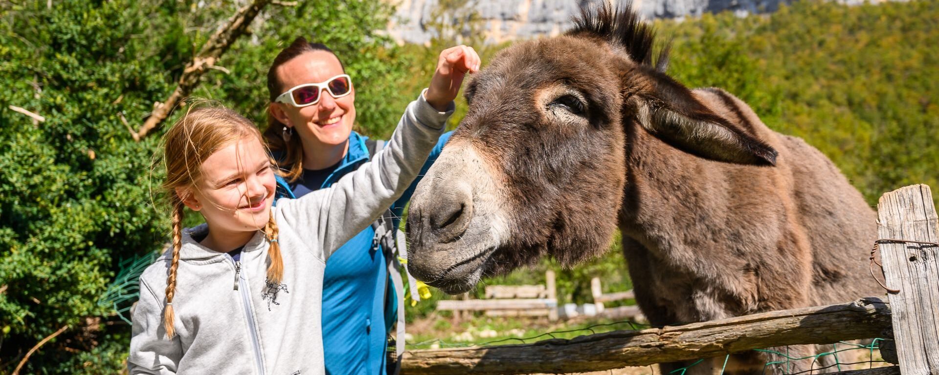 Famille à la rencontre d’un âne dans le Vercors