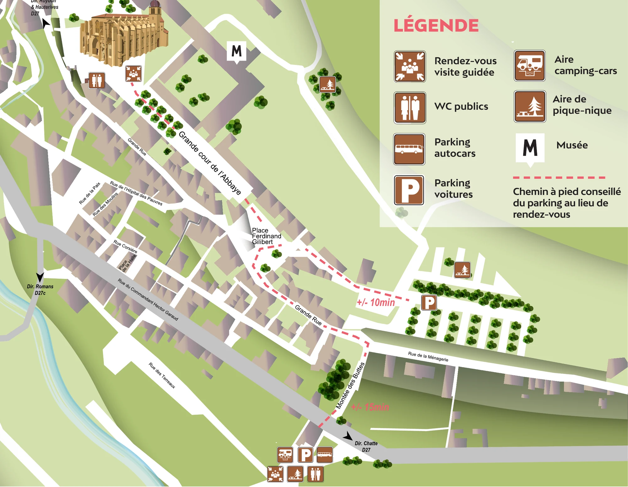 Plan de Saint-Antoine-l'Abbaye avec parking autocars, parking voitures et chemin à pied vers le rendez-vous de la visite guidée