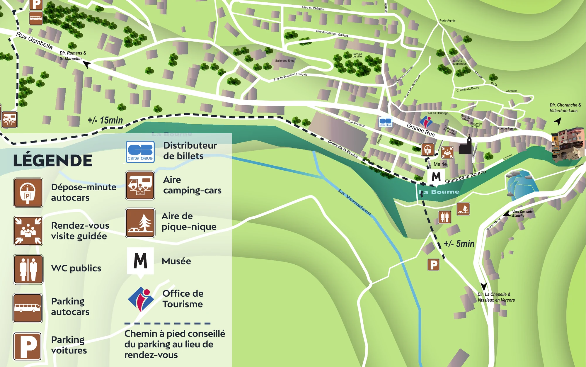 Plan de Pont-en-Royans avec parking autocars, parking voitures et chemin à pied vers le rendez-vous de la visite guidée